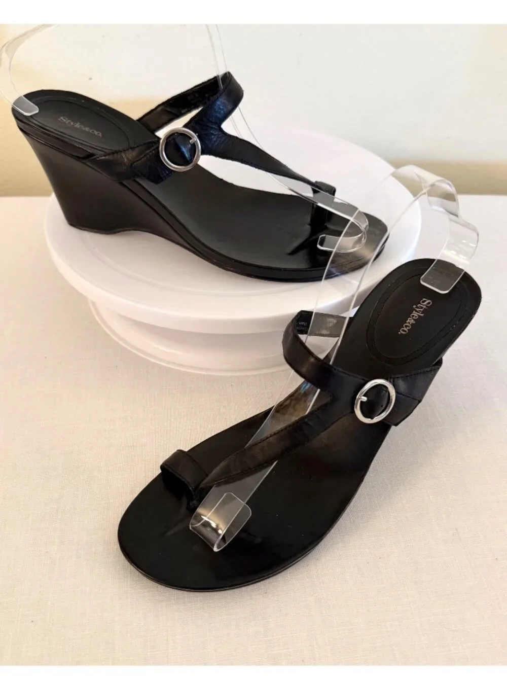 Style and Co Womens Sandals Size 8 half Elmara Black Leather Wedge Shoes